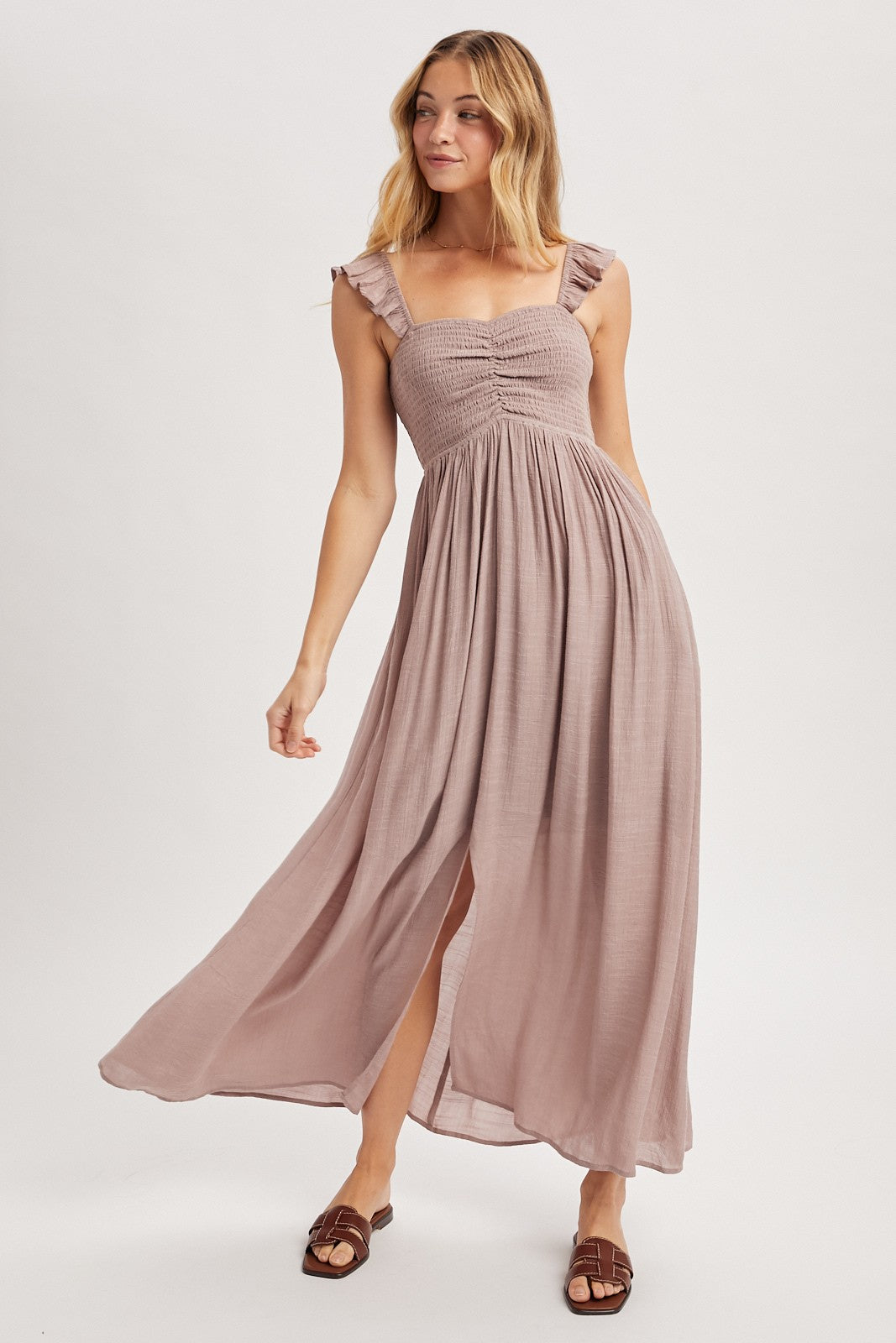 Mauve Cinched Smocked Bust Sleeveless Maxi Dress