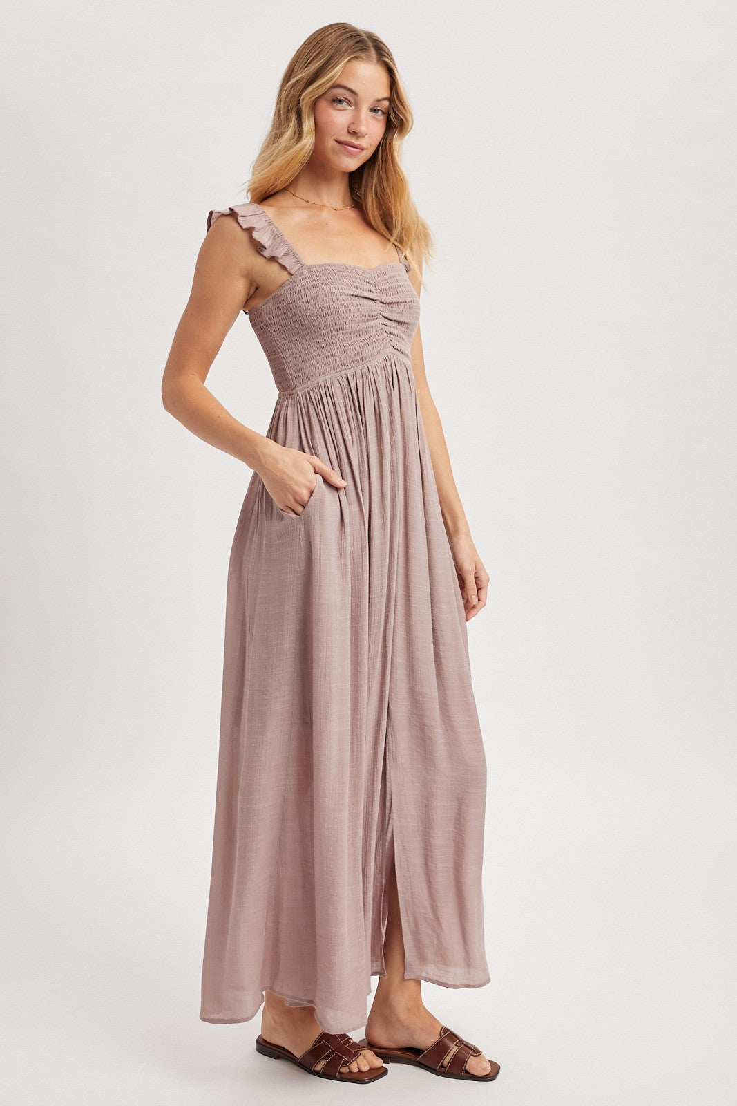Mauve Cinched Smocked Bust Sleeveless Maxi Dress