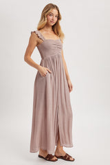 Mauve Cinched Smocked Bust Sleeveless Maxi Dress