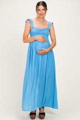 Blue Cinched Smocked Bust Sleeveless Maternity Maxi Dress
