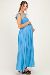Blue Cinched Smocked Bust Sleeveless Maternity Maxi Dress
