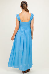 Blue Cinched Smocked Bust Sleeveless Maternity Maxi Dress