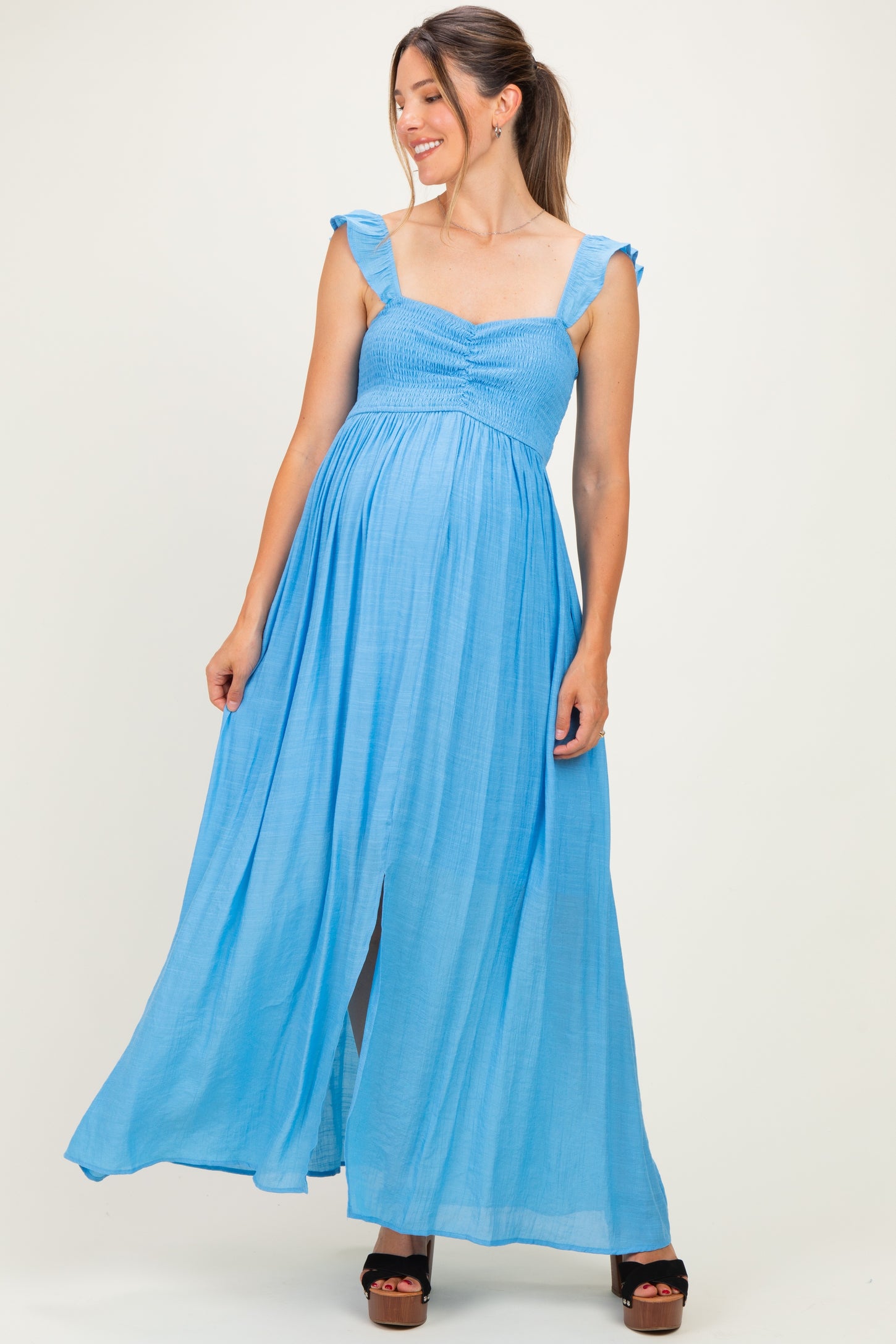 Blue Cinched Smocked Bust Sleeveless Maternity Maxi Dress