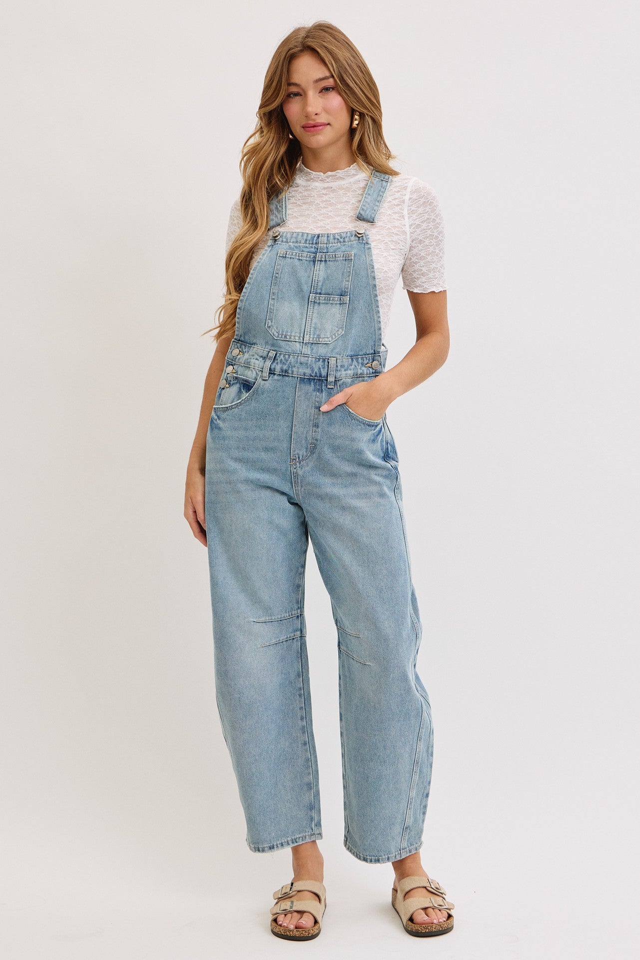 Light Blue Barrel Leg Maternity Denim Overalls