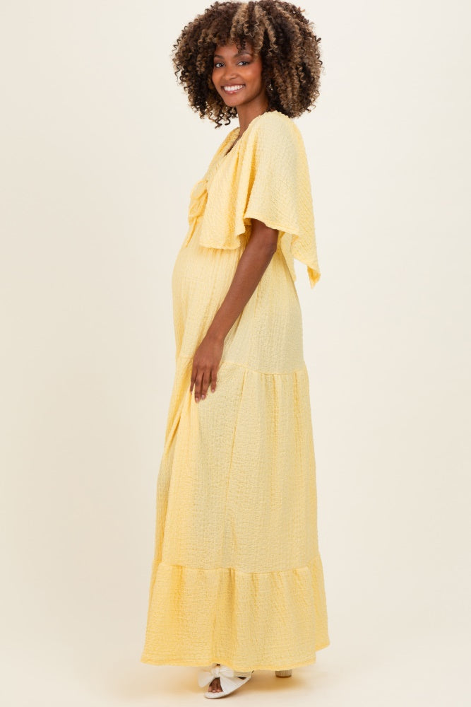 Yellow Woven Textured Flutter Sleeve V-Neck Tiered Maternity Maxi Dress