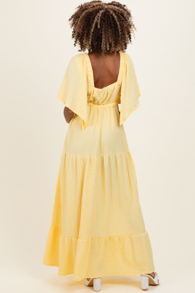Yellow Woven Textured Flutter Sleeve V-Neck Tiered Maternity Maxi Dress