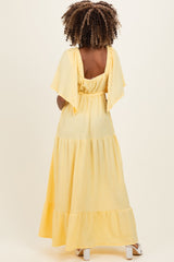 Yellow Woven Textured Flutter Sleeve V-Neck Tiered Maternity Maxi Dress