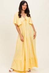 Yellow Woven Textured Flutter Sleeve V-Neck Tiered Maternity Maxi Dress