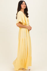 Yellow Woven Textured Flutter Sleeve V-Neck Tiered Maxi Dress