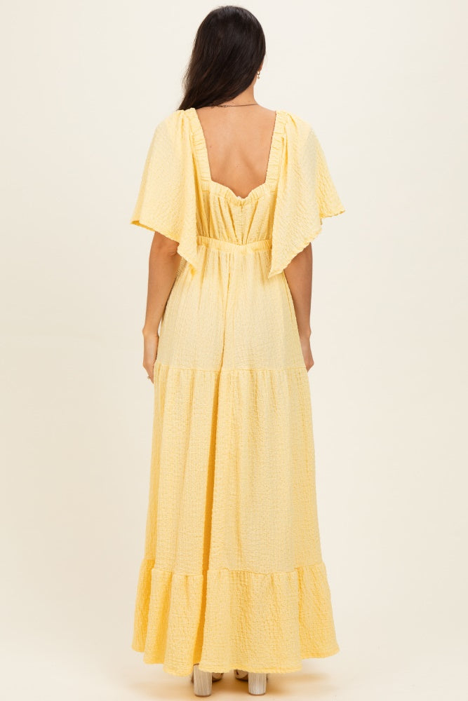 Yellow Woven Textured Flutter Sleeve V-Neck Tiered Maxi Dress
