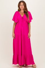 Fuchisa Woven Textured Flutter Sleeve V-Neck Tiered Maxi Dress