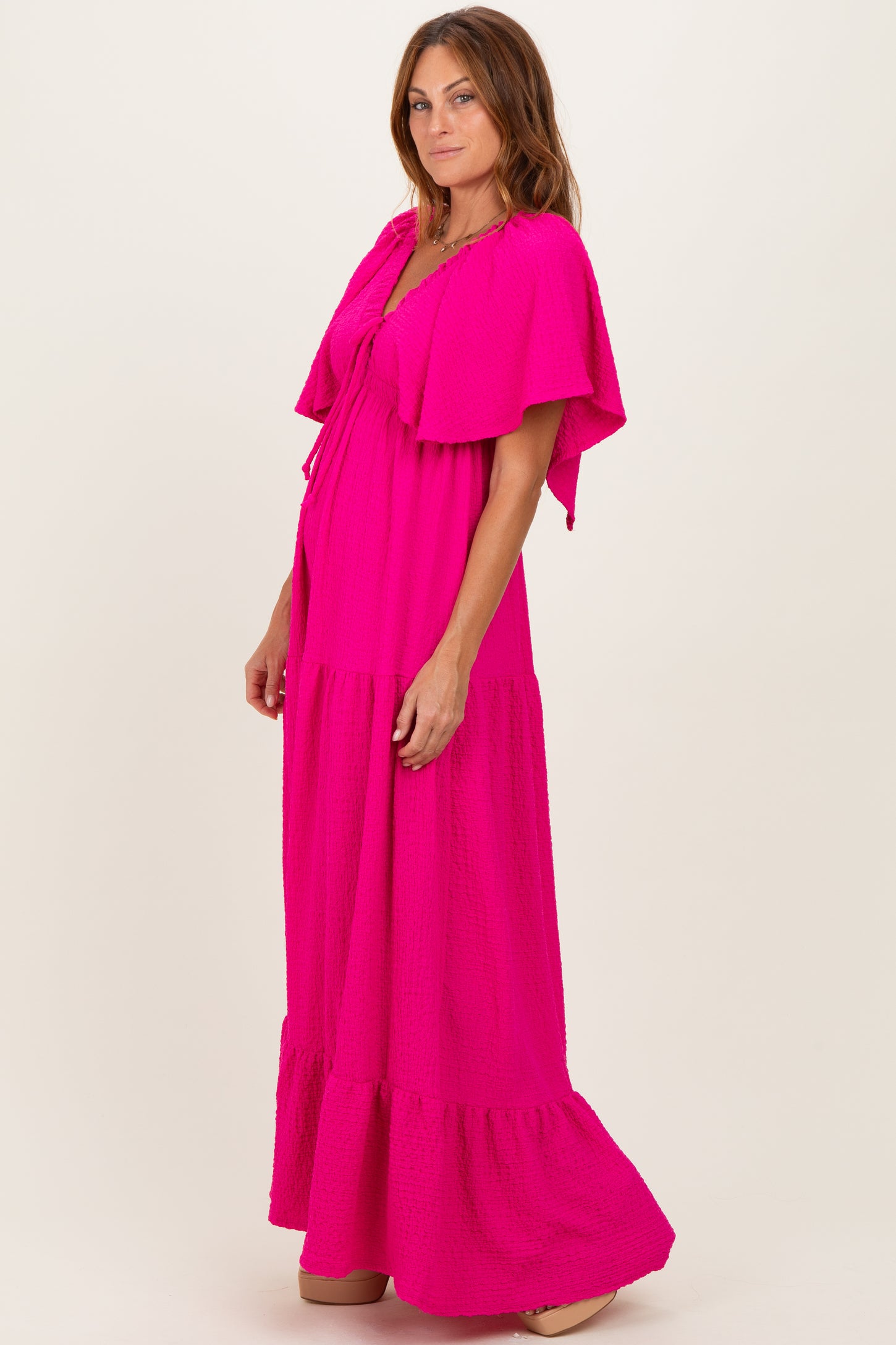Fuchisa Woven Textured Flutter Sleeve V-Neck Tiered Maxi Dress
