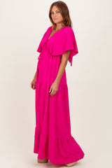 Fuchisa Woven Textured Flutter Sleeve V-Neck Tiered Maxi Dress
