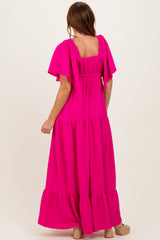Fuchisa Woven Textured Flutter Sleeve V-Neck Tiered Maxi Dress