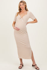 Cream/ Mocha Striped Knit Short Sleeve Maternity Maxi Dress