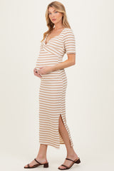 Cream/ Mocha Striped Knit Short Sleeve Maternity Maxi Dress