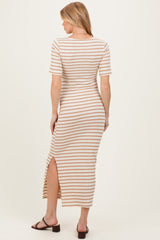Cream/ Mocha Striped Knit Short Sleeve Maternity Maxi Dress