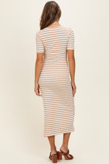 Cream/ Mocha Striped Knit Short Sleeve Maxi Dress