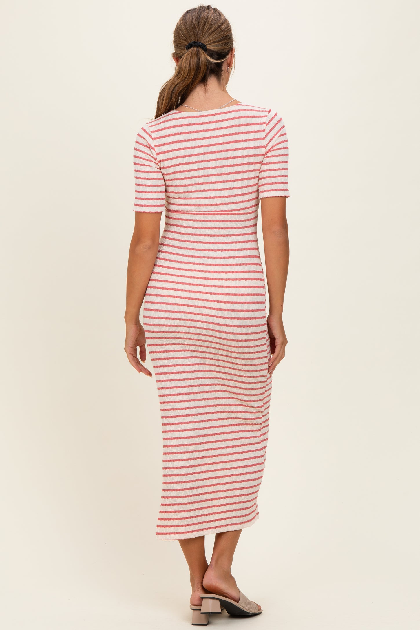 Cream/ Mauve Striped Knit Short Sleeve Maxi Dress
