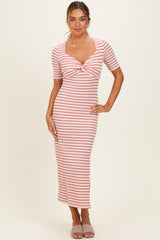 Cream/ Mauve Striped Knit Short Sleeve Maternity Maxi Dress