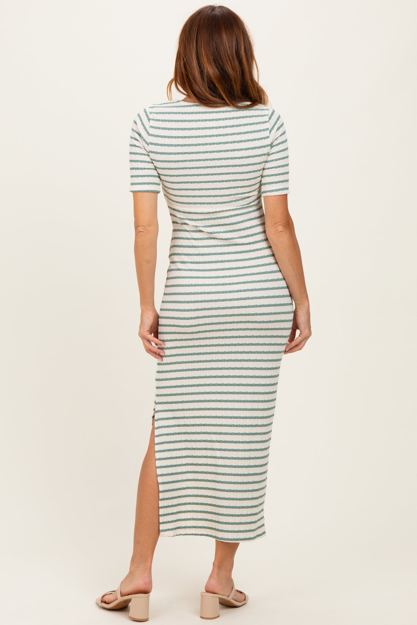 Cream/ Sage Striped Knit Short Sleeve Maxi Dress