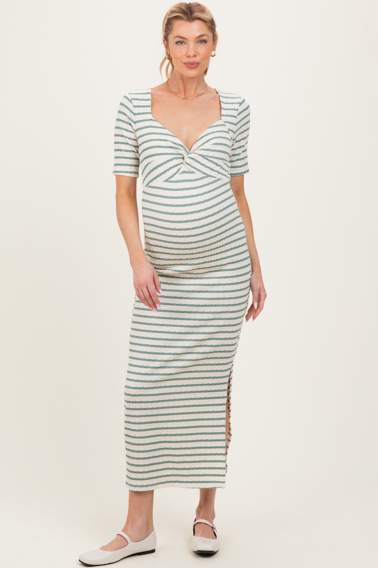 Cream/ Sage Striped Knit Short Sleeve Maternity Maxi Dress