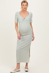 Cream/ Sage Striped Knit Short Sleeve Maternity Maxi Dress