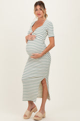 Cream/ Sage Striped Knit Short Sleeve Maternity Maxi Dress