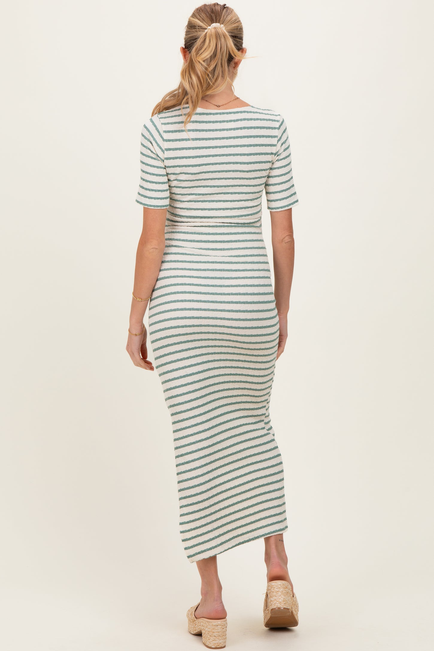Cream/ Sage Striped Knit Short Sleeve Maternity Maxi Dress