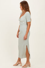 Cream/ Sage Striped Knit Short Sleeve Maxi Dress