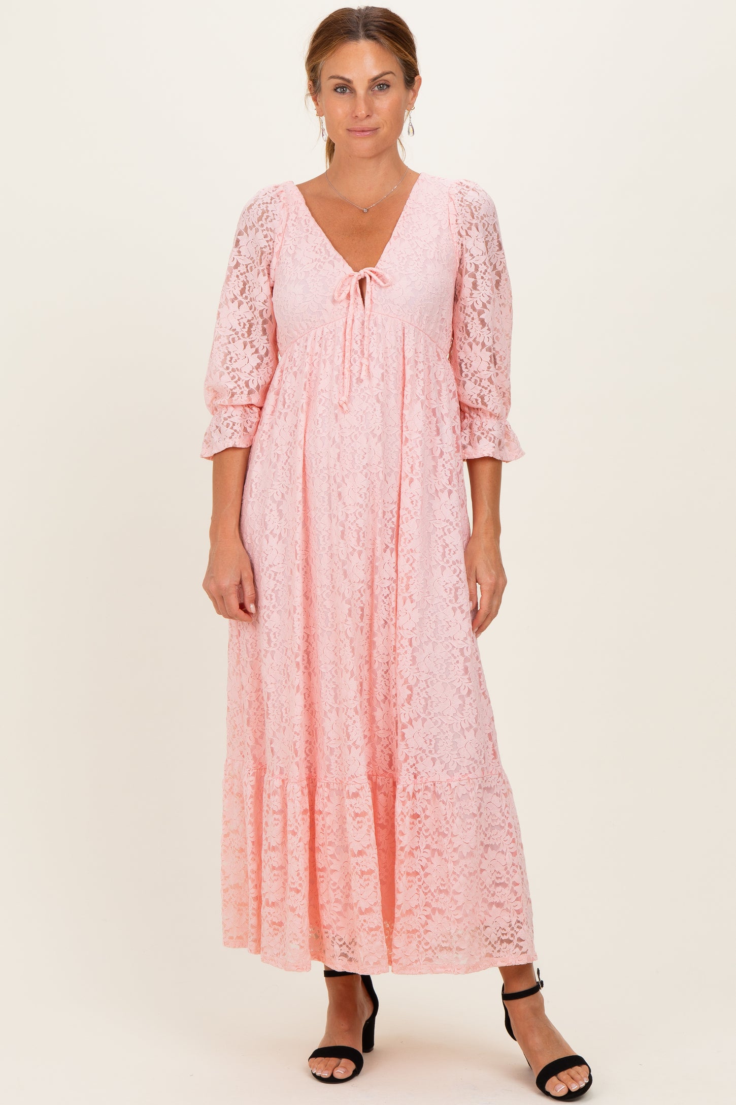 Light Pink Floral Lace 3/4 Ruffle Sleeve V-Neck Maxi Dress