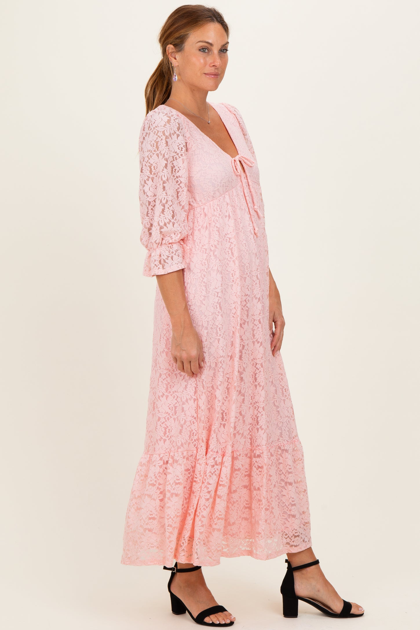 Light Pink Floral Lace 3/4 Ruffle Sleeve V-Neck Maxi Dress