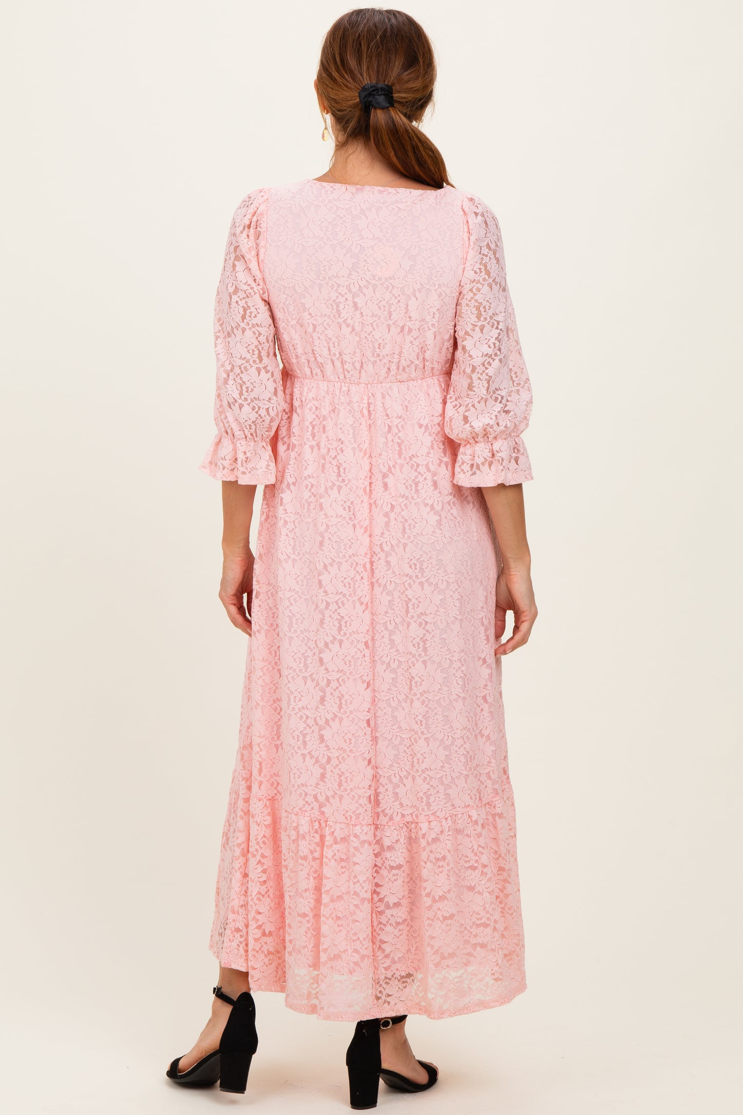 Light Pink Floral Lace 3/4 Ruffle Sleeve V-Neck Maxi Dress