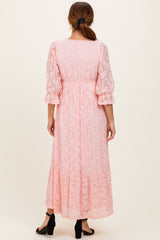 Light Pink Floral Lace 3/4 Ruffle Sleeve V-Neck Maxi Dress