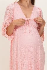 Light Pink Floral Lace 3/4 Ruffle Sleeve V-Neck Maternity Maxi Dress