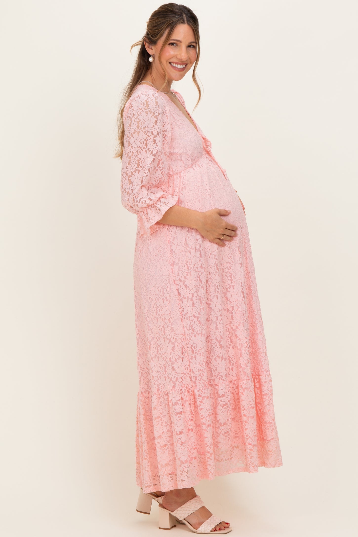 Light Pink Floral Lace 3/4 Ruffle Sleeve V-Neck Maternity Maxi Dress