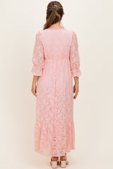 Light Pink Floral Lace 3/4 Ruffle Sleeve V-Neck Maternity Maxi Dress