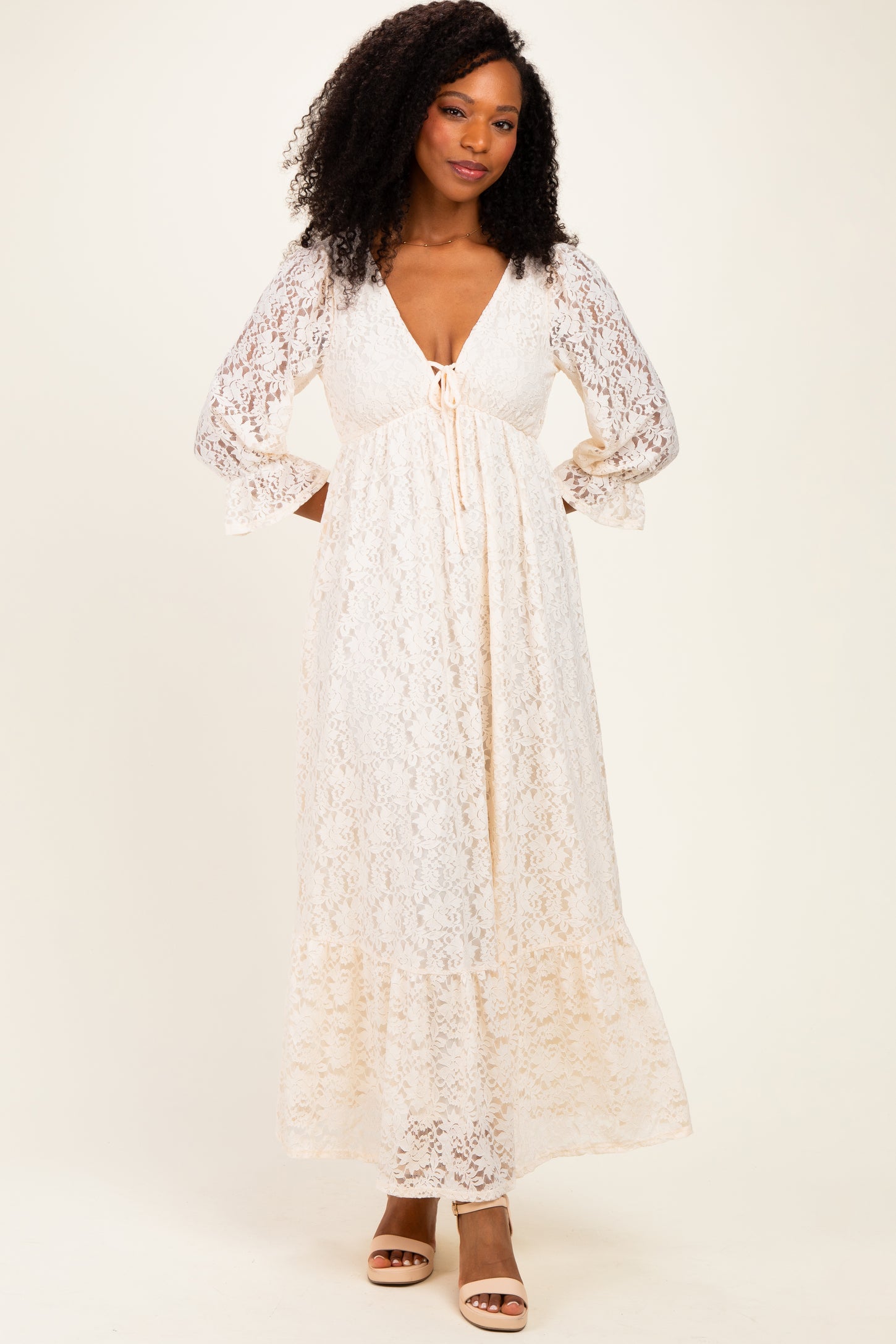 Ivory Floral Lace 3/4 Ruffle Sleeve V-Neck Maternity Maxi Dress