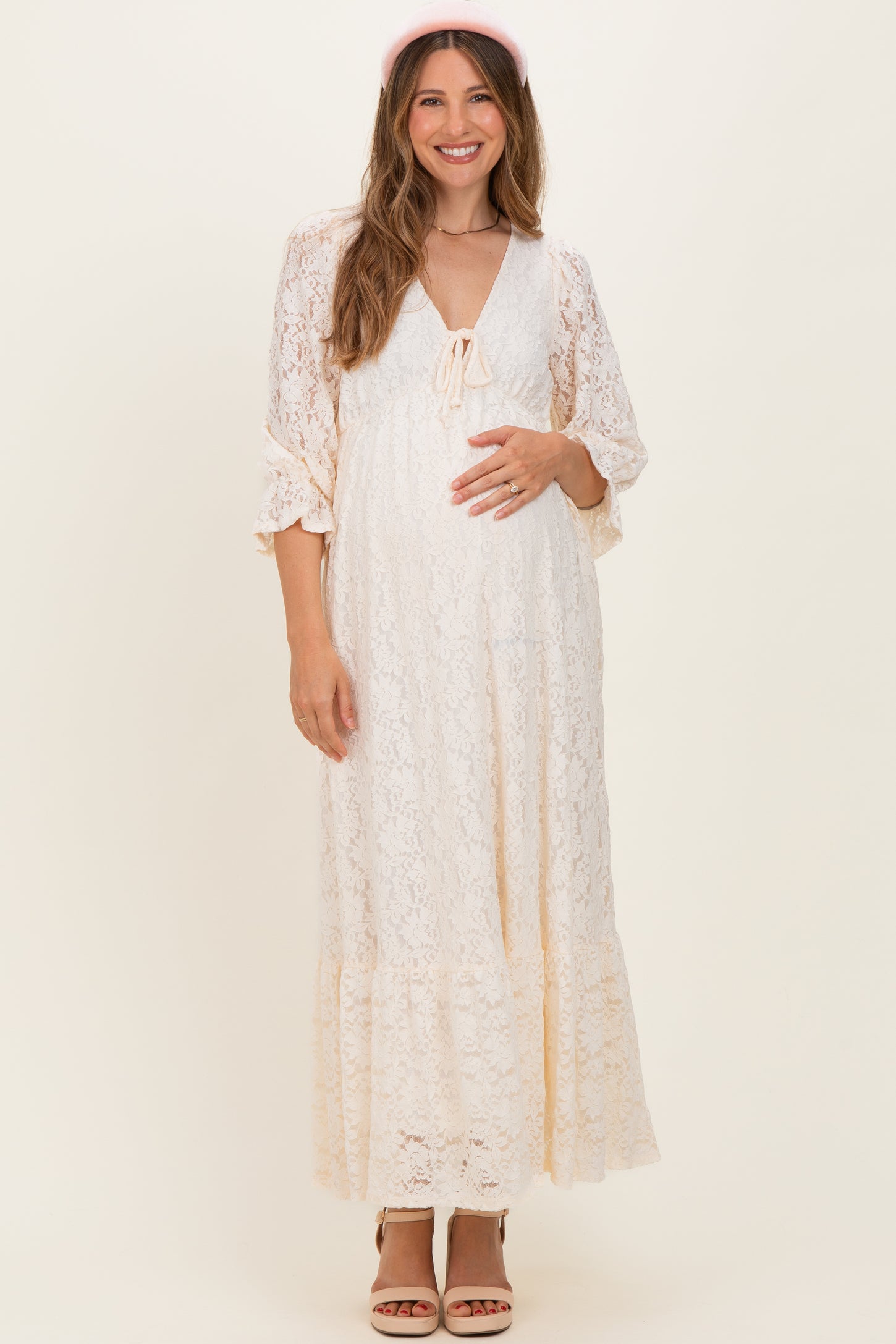 Ivory Floral Lace 3/4 Ruffle Sleeve V-Neck Maternity Maxi Dress