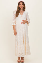 Ivory Floral Lace 3/4 Ruffle Sleeve V-Neck Maternity Maxi Dress