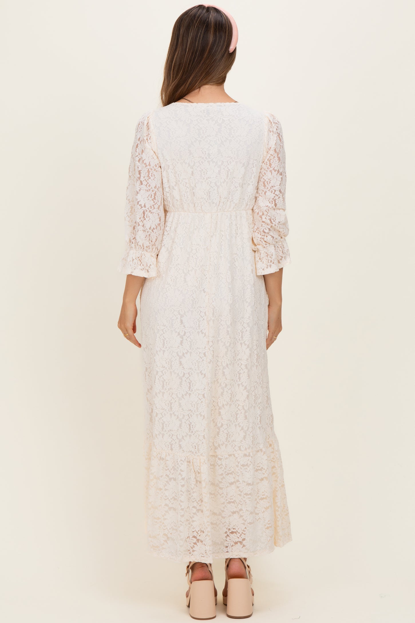 Ivory Floral Lace 3/4 Ruffle Sleeve V-Neck Maternity Maxi Dress