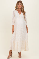Ivory Floral Lace 3/4 Ruffle Sleeve V-Neck Maternity Maxi Dress