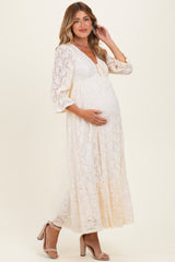 Ivory Floral Lace 3/4 Ruffle Sleeve V-Neck Maternity Maxi Dress