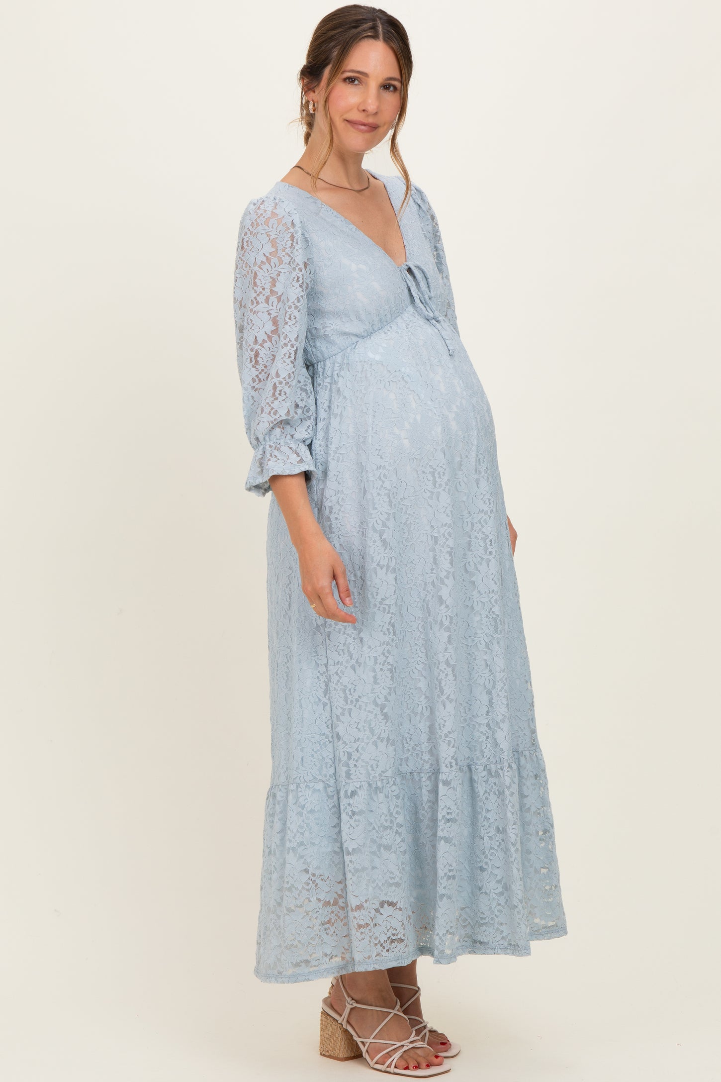 Light Blue Floral Lace 3/4 Ruffle Sleeve V-Neck Maternity Maxi Dress