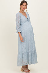 Light Blue Floral Lace 3/4 Ruffle Sleeve V-Neck Maternity Maxi Dress