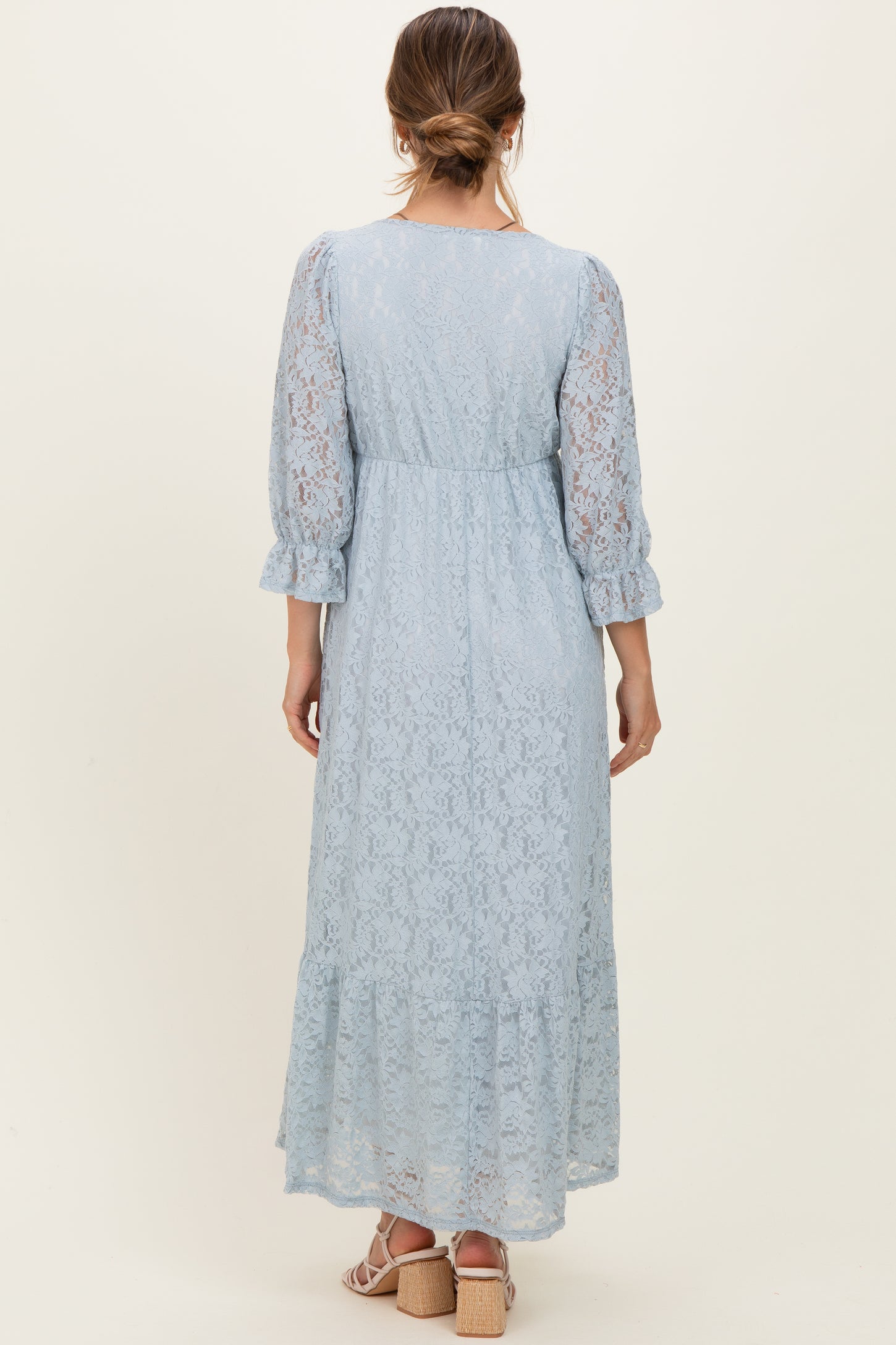 Light Blue Floral Lace 3/4 Ruffle Sleeve V-Neck Maternity Maxi Dress