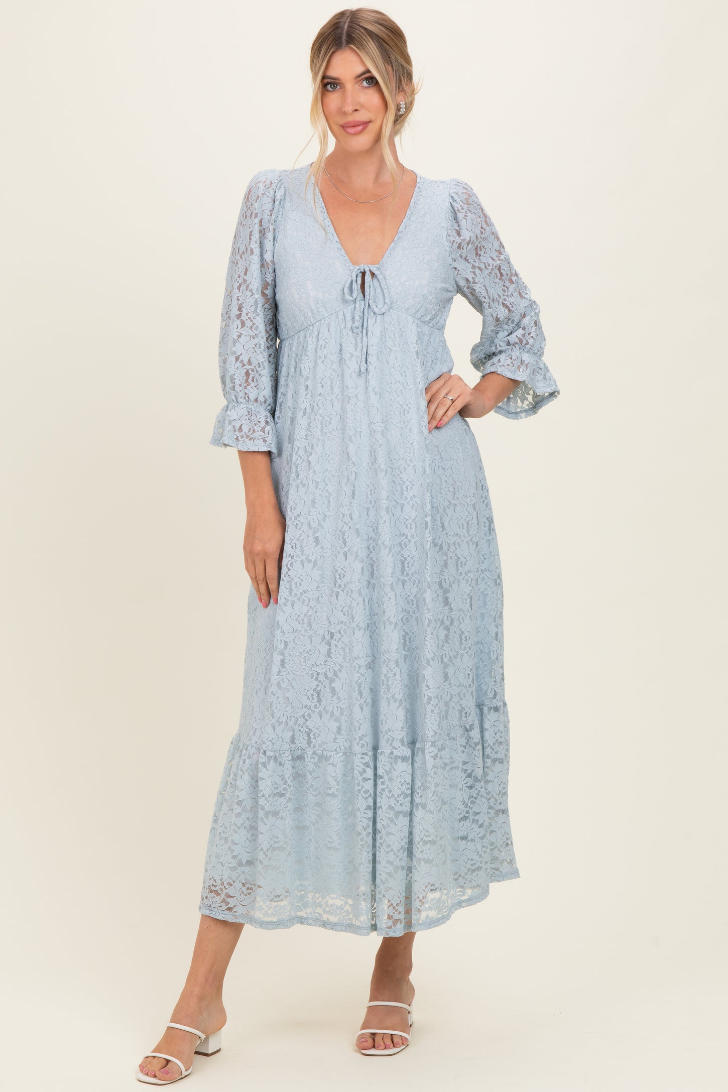 Light Blue Floral Lace 3/4 Ruffle Sleeve V-Neck Maternity Maxi Dress