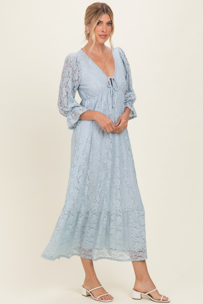 Light Blue Floral Lace 3/4 Ruffle Sleeve V-Neck Maxi Dress