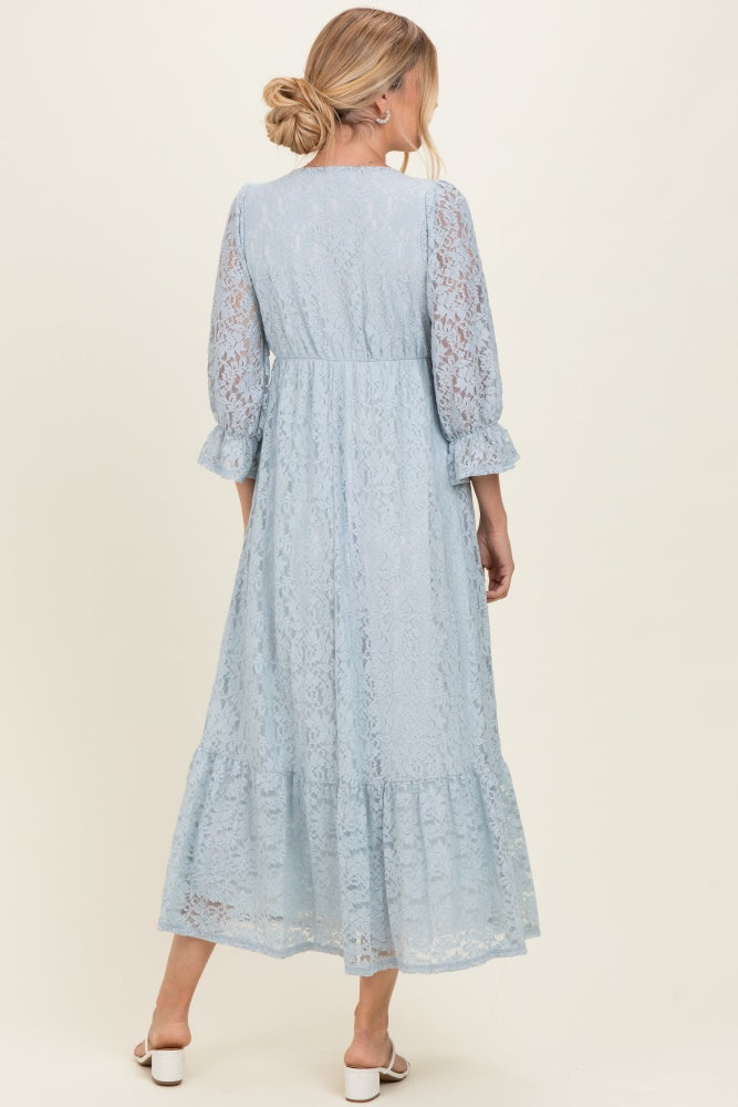 Light Blue Floral Lace 3/4 Ruffle Sleeve V-Neck Maxi Dress
