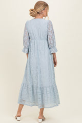 Light Blue Floral Lace 3/4 Ruffle Sleeve V-Neck Maxi Dress